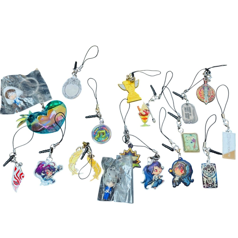 Lot of 19 Anime Charms Keychains Phone Straps Acrylic‎ Resin Mixed Random